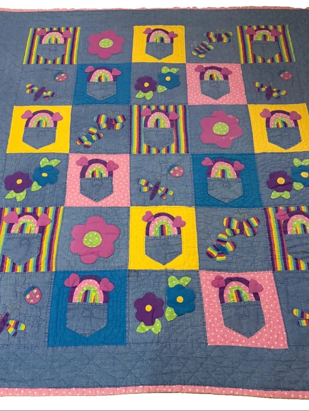 Vintage Handmade Applique Rainbow Quilt Twin 80x80” Floral Butterfly Patchwork